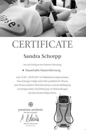 Certificat von Cocon - Cosmetic Concept Inhaberin Sandra Schorpp für dauerhafte Haarentfernung
